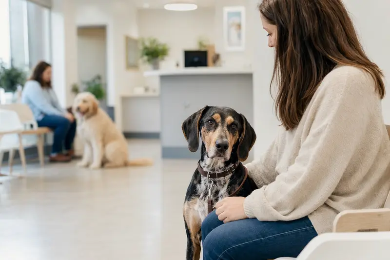 Ein ruhiger Plott-Hound Hund sitzt neben seinem Besitzer in einem modernen Tierarztwartezimmer.